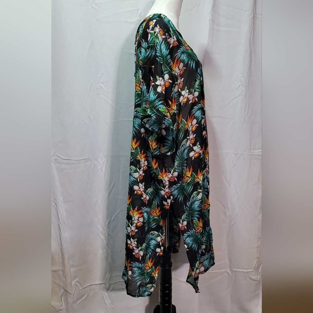 Boohoo Women's NWT Green Skye Tropical Floral Side Slit Long Kimono Size 12 - Picture 5 of 7